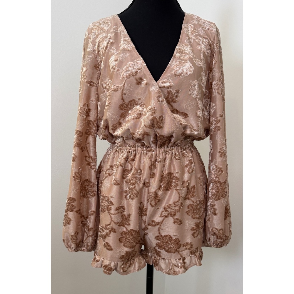 Wild Honey Burnout Velvet Floral Romper Rose Gold Long Sleeve Ruffle‎ Small